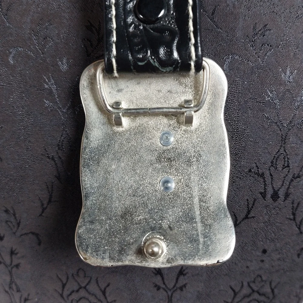 Western Tooled Leather Belt Youth L 28/30 Black Square Silver Steer Buckle